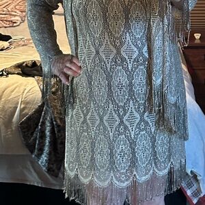 Silver Tiered Bell Sleeve Midi Dress